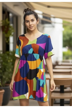 Vestido Curto Viscose Rodado Estampa Jardim Azul