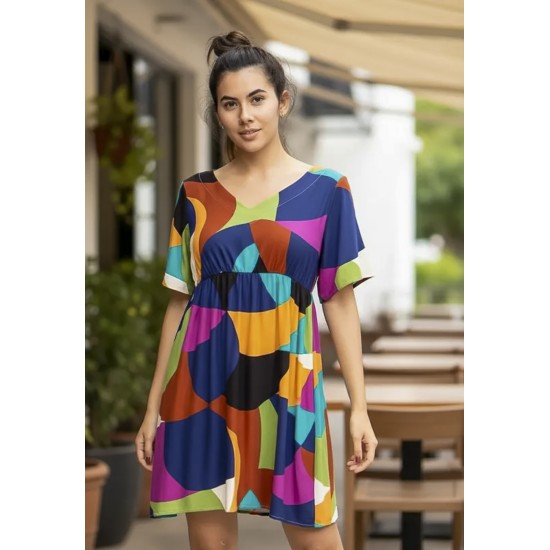 Vestido Curto Viscose Rodado Estampa Jardim Azul