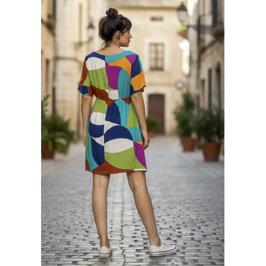Vestido Curto Viscose Rodado Estampa Jardim Azul
