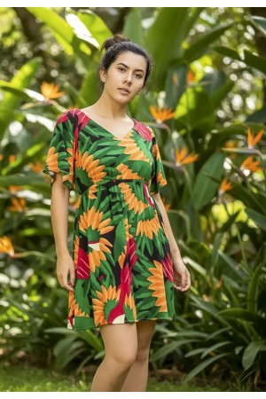 Vestido Curto Viscose Rodado Estampa Festa dos Tucanos