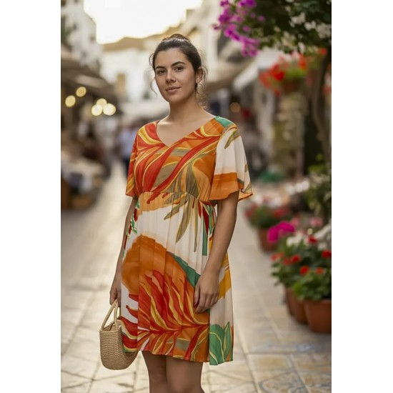 Vestido Curto Viscose Rodado Estampa Jardim do Sol