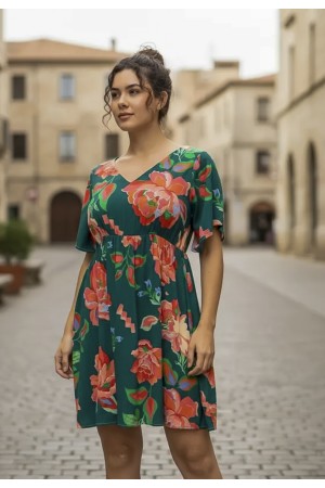 Vestido Curto Viscose Rodado Estampa Explosão Floral