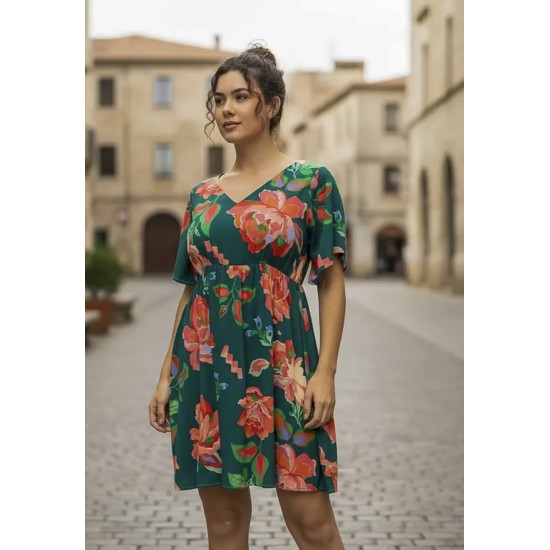Vestido Curto Viscose Rodado Estampa Explosão Floral