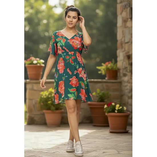 Vestido Curto Viscose Rodado Estampa Explosão Floral