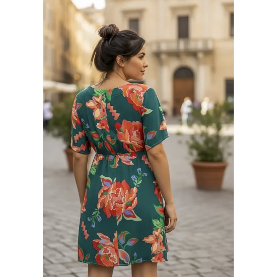 Vestido Curto Viscose Rodado Estampa Explosão Floral