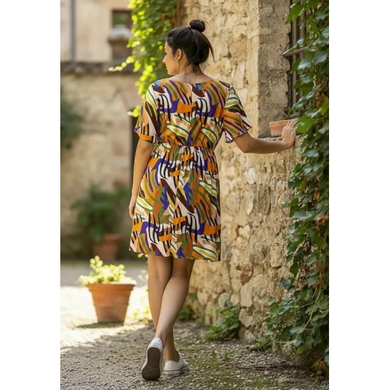Vestido Curto Viscose Rodado Estampa Cores Vibrante