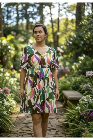 Vestido Curto Viscose Rodado Estampa Encanto Botânico