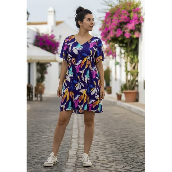 Vestido Curto Viscose Rodado Estampa Pétalas ao Vento