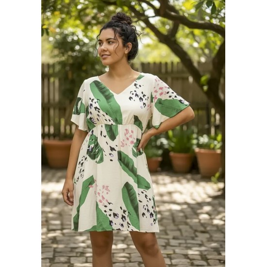 Vestido Curto Viscose Rodado Estampa Folhagem Poética