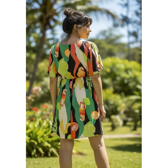 Vestido Curto Viscose Rodado Estampa Festival Tropical