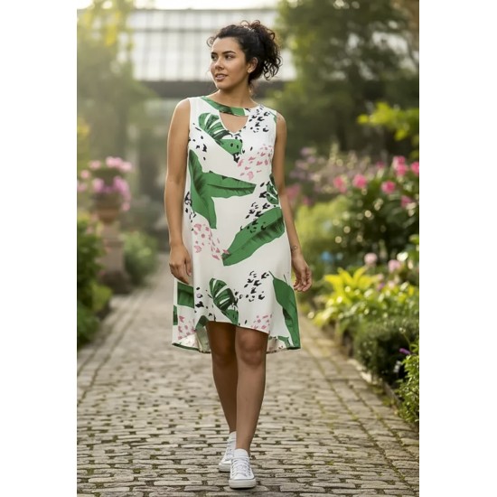 Vestido Curto Juraci Viscose Estampa Folhagem Poética