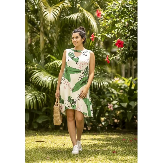 Vestido Curto Juraci Viscose Estampa Folhagem Poética