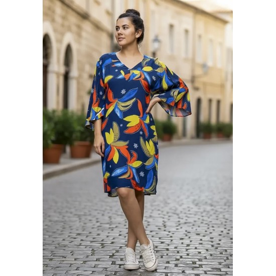 Vestido Curto Inaiê Viscose Amplo Estampa Maré Vibrante