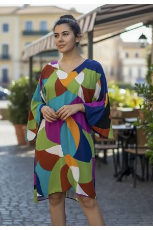 Vestido Curto Inaiê Viscose Amplo Estampa Jardim Azul