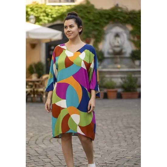 Vestido Curto Inaiê Viscose Amplo Estampa Jardim Azul