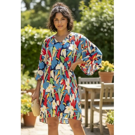 Vestido Curto Inaiê Viscose Amplo Estampa Floresce