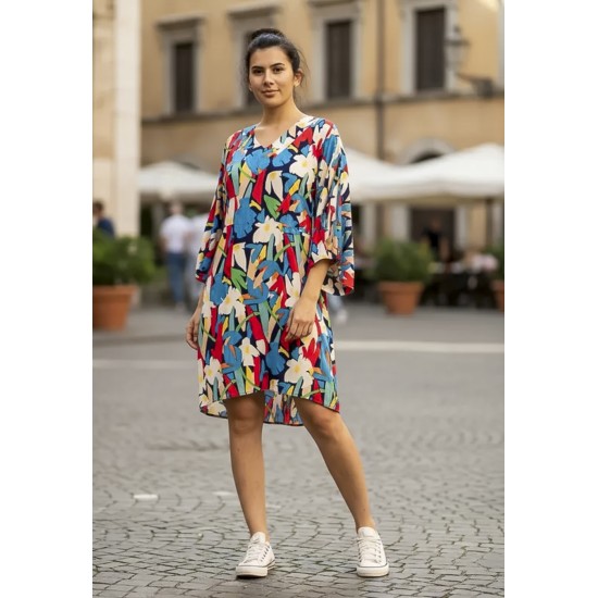 Vestido Curto Inaiê Viscose Amplo Estampa Floresce