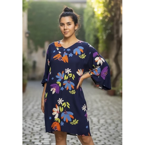 Vestido Curto Inaiê Viscose Amplo Estampa Festa das Flores Azul