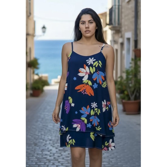 Vestido Curto Itaúna Viscose Babados Duplo Estampa Festa das Flores Azul