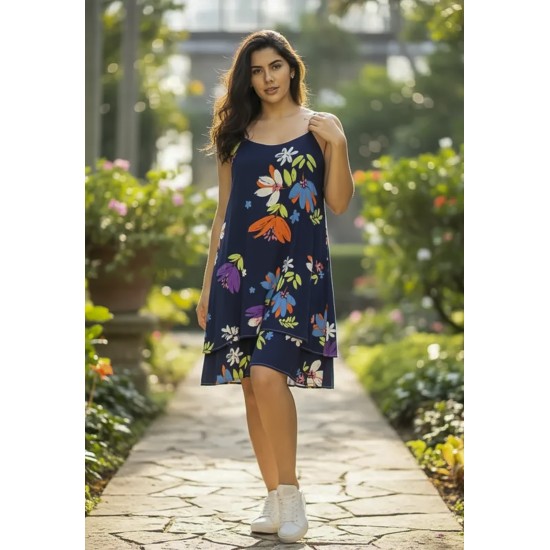 Vestido Curto Itaúna Viscose Babados Duplo Estampa Festa das Flores Azul