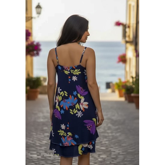 Vestido Curto Itaúna Viscose Babados Duplo Estampa Festa das Flores Azul