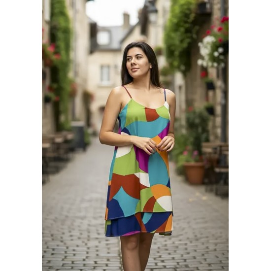 Vestido Curto Itaúna Viscose Babados Duplo Estampa Jardim Azul