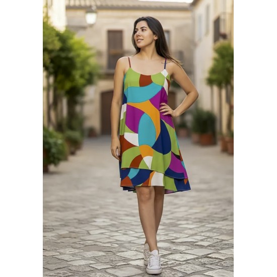 Vestido Curto Itaúna Viscose Babados Duplo Estampa Jardim Azul