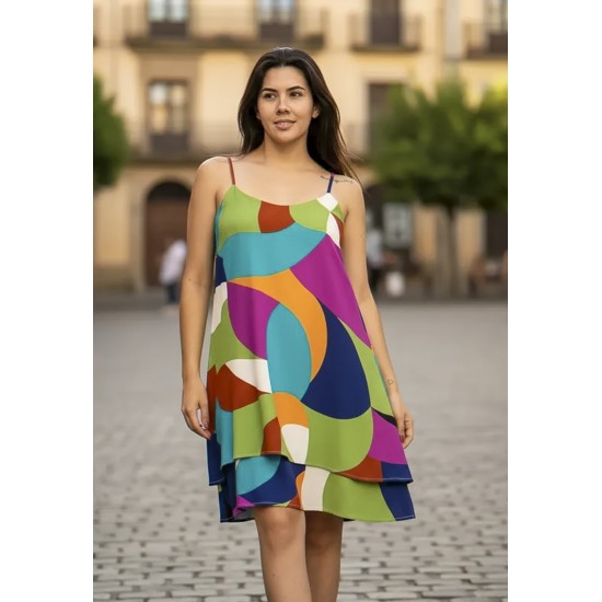 Vestido Curto Itaúna Viscose Babados Duplo Estampa Jardim Azul