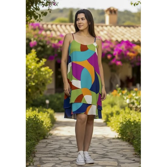 Vestido Curto Itaúna Viscose Babados Duplo Estampa Jardim Azul
