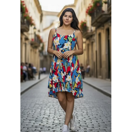 Vestido Curto Itaúna Viscose Babados Duplo Estampa Floresce