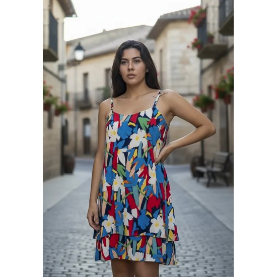 Vestido Curto Itaúna Viscose Babados Duplo Estampa Floresce