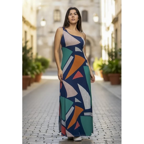 Vestido Longo Jandira Ombro Nu Fenda Lateral Geometrias do Tempo