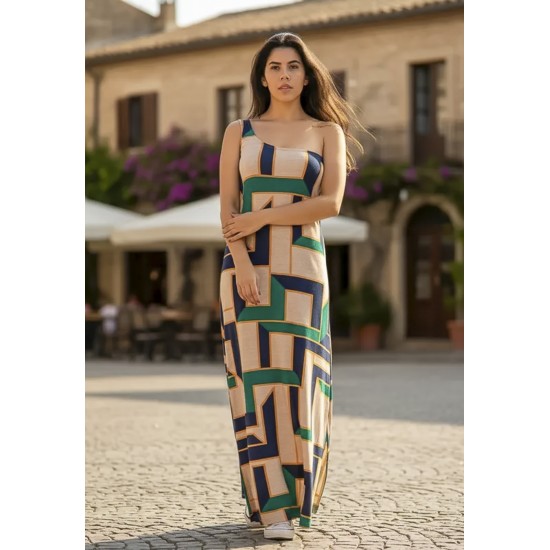 Vestido Longo Jandira Ombro Nu Fenda Lateral Estampa Chapada de Areia