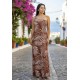 Vestido Longo Jandira Ombro Nu Fenda Lateral Estampa Palmas da Terra