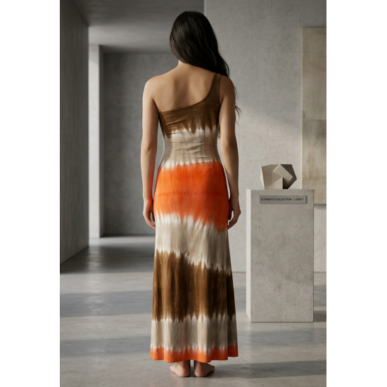 Vestido Longo Jandira Ombro Nu Fenda Lateral Estampa Cores do Deserto