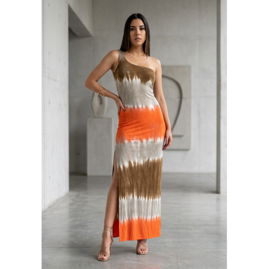 Vestido Longo Jandira Ombro Nu Fenda Lateral Estampa Cores do Deserto