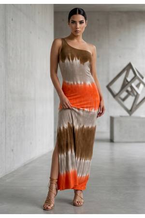 Vestido Longo Jandira Ombro Nu Fenda Lateral Estampa Cores do Deserto