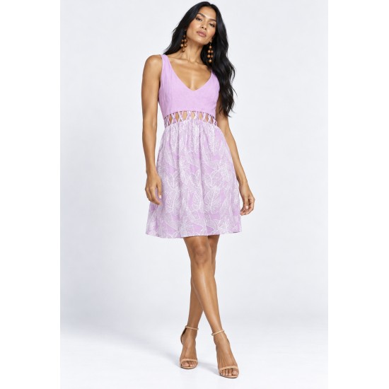 Vestido Curto Sant Regata Detalhes Bordados Antúrios Lilás