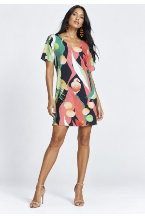 Vestido Curto Viscose Rodado Estampa Festival Tropical
