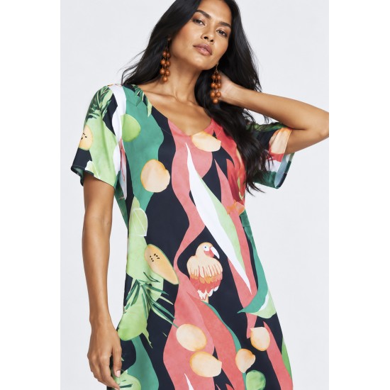 Vestido Curto Viscose Rodado Estampa Festival Tropical