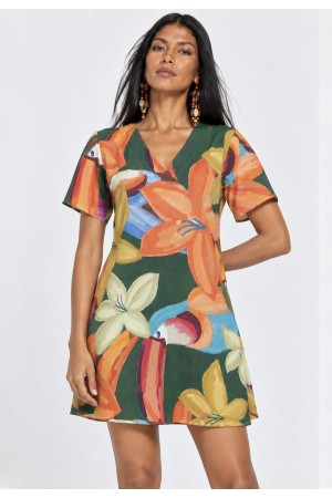 Vestido Curto Viscose Rodado Estampa Flowers & Tucanos
