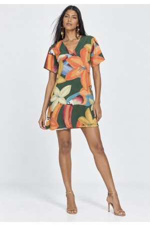 Vestido Curto Viscose Rodado Estampa Flowers & Tucanos
