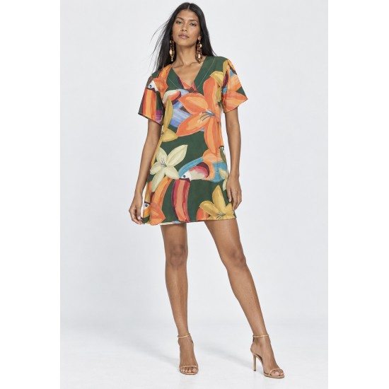 Vestido Curto Viscose Rodado Estampa Flowers & Tucanos