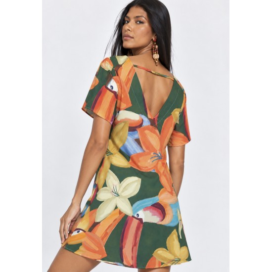 Vestido Curto Viscose Rodado Estampa Flowers & Tucanos