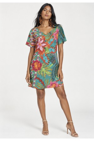 Vestido Curto Viscose Rodado Estampa Jardim Aruá