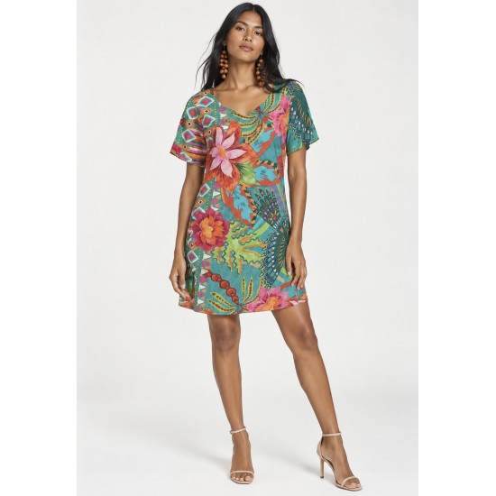 Vestido Curto Viscose Rodado Estampa Jardim Aruá