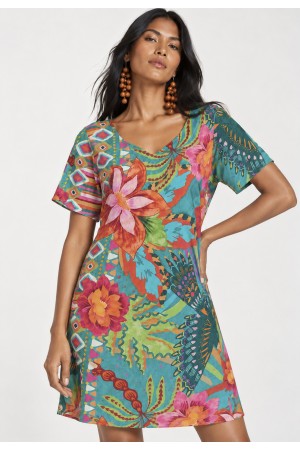 Vestido Curto Viscose Rodado Estampa Jardim Aruá