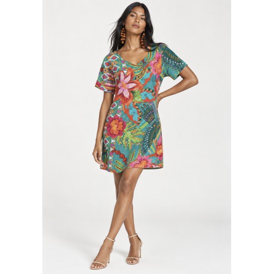 Vestido Curto Viscose Rodado Estampa Jardim Aruá