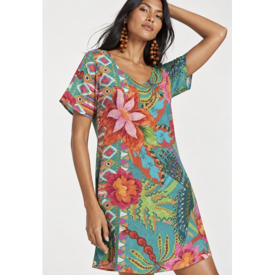 Vestido Curto Viscose Rodado Estampa Jardim Aruá