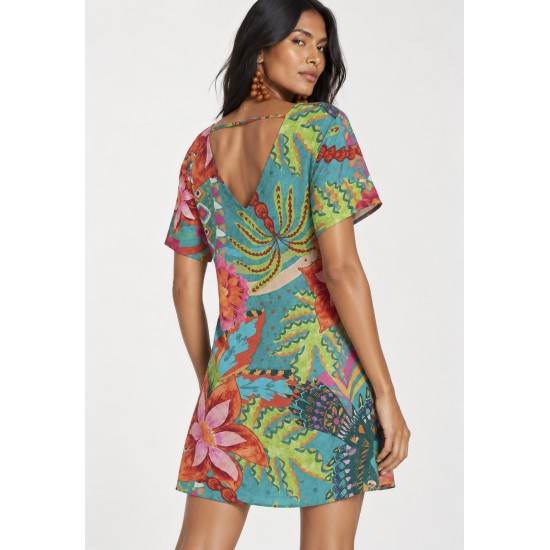 Vestido Curto Viscose Rodado Estampa Jardim Aruá